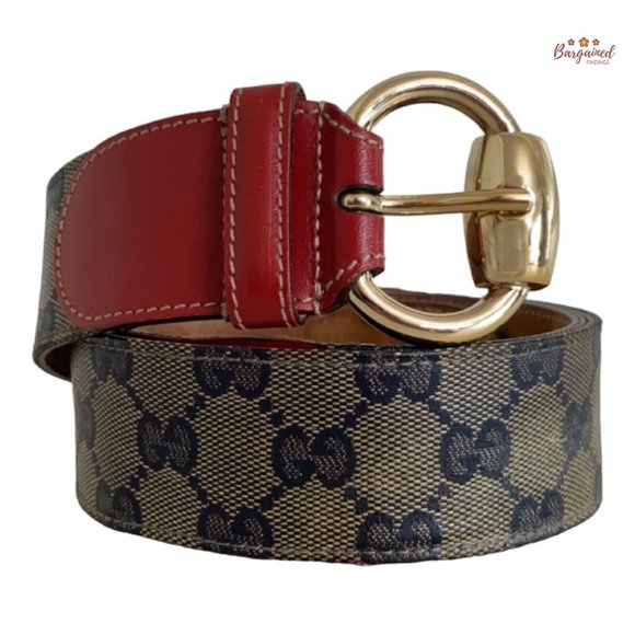 Auth GUCCI Beige/Blue/Red GG Crystal Coated Canvas Horsebit Buckle Belt 85/34 - Picture 1 of 14